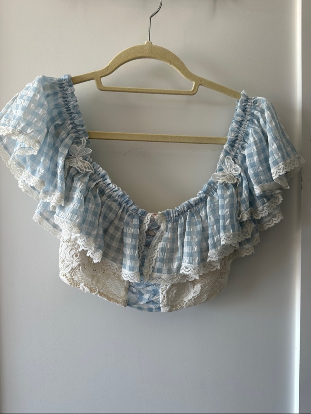 Sugar Thrillz Blue and White Gingham Ruffle Crop Top